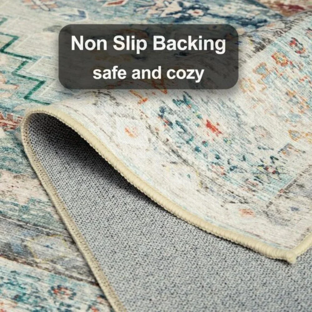 5x7 Green Boho Area Rug, Washable, No Pile, Non-Slip Vintage Distressed Carpet